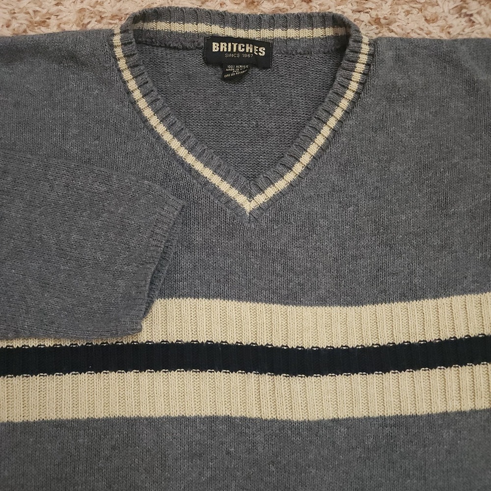 Britches Gray Mens‎ XL V-Neck Pullover VTG Y2K Sweater Made In USA